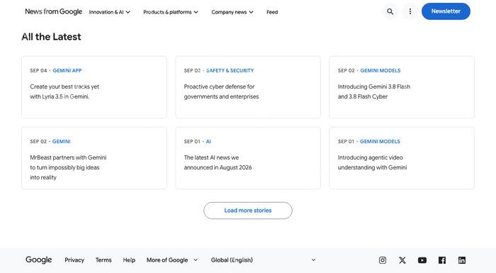 Gemini AI产品页集中列出最新动态的官方页面截图,证明新闻主体和更新来源
