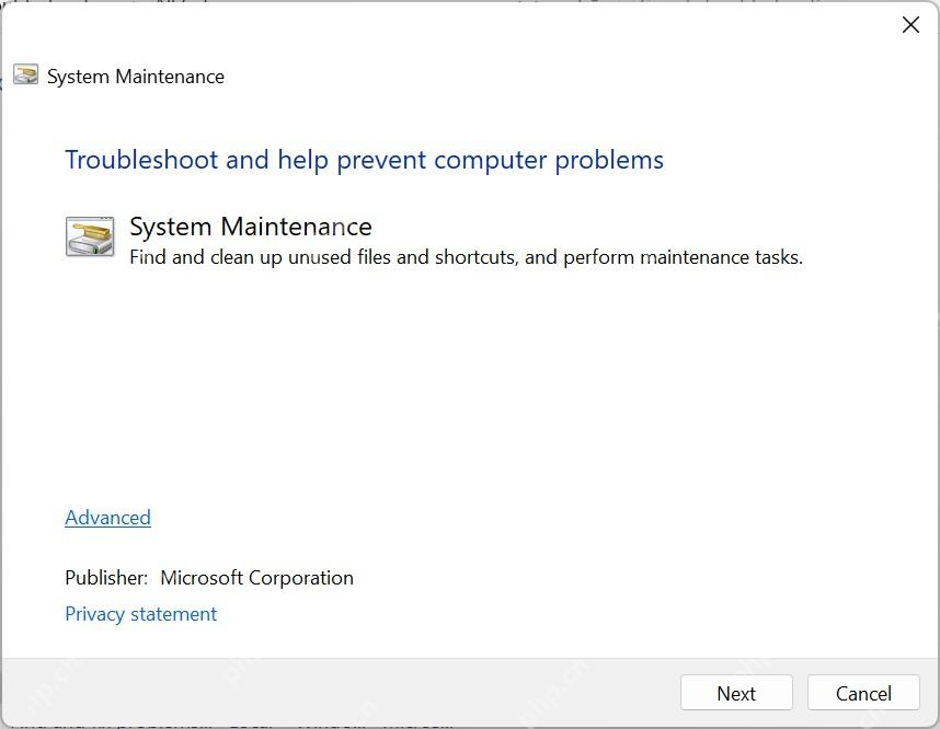 Windows 系统维护疑难解答窗口显示下一步按钮