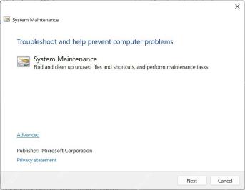 Windows 系统维护疑难解答窗口显示下一步按钮