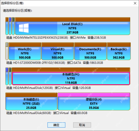 Windows中文 DiskGenius 克隆分区对话框显示目标分区选择列表,证明分区克隆前要先选准接收数据的目标分区。