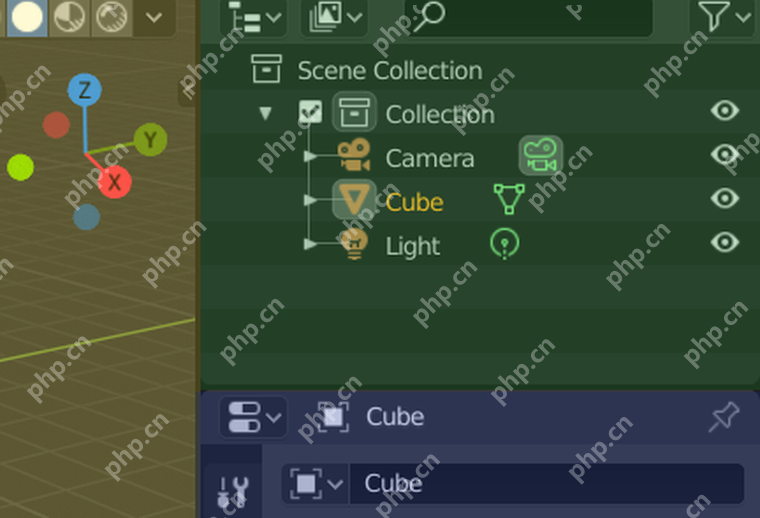 Blender Outliner 显示 Camera、Cube、Light 三个默认对象