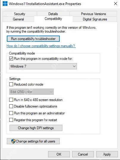 Windows11InstallationAssistant 兼容性页选择 Windows 7 模式