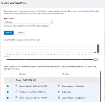 Restore your OneDrive 选择日期和改动记录