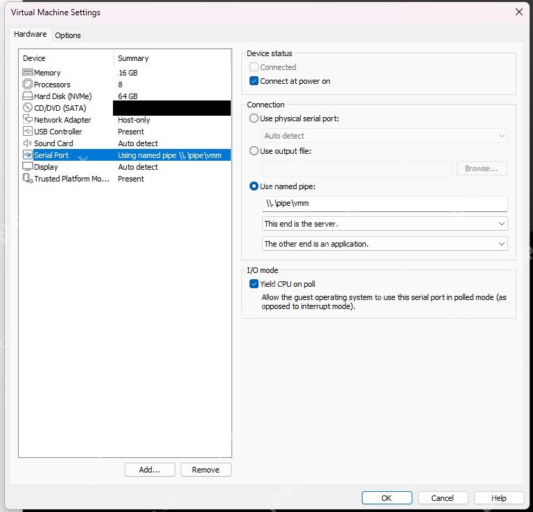 VMware Workstation Virtual Machine Settings 中 Serial Port 使用 named pipe 并显示 Connect at power on