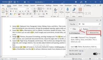 Microsoft Word 搜索窗格中的 Advanced Find 高级查找入口服务第四步