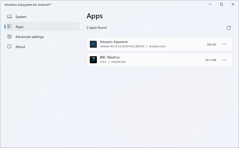 Windows Subsystem for Android 设置中的 Apps 页面列出 Amazon Appstore 和 Android 应用