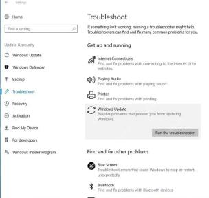 Win10 疑难解答页面中列出 Windows Update 疑难解答项