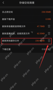 喜马拉雅中文手机界面:存储空间清理页面的其他缓存文件项目