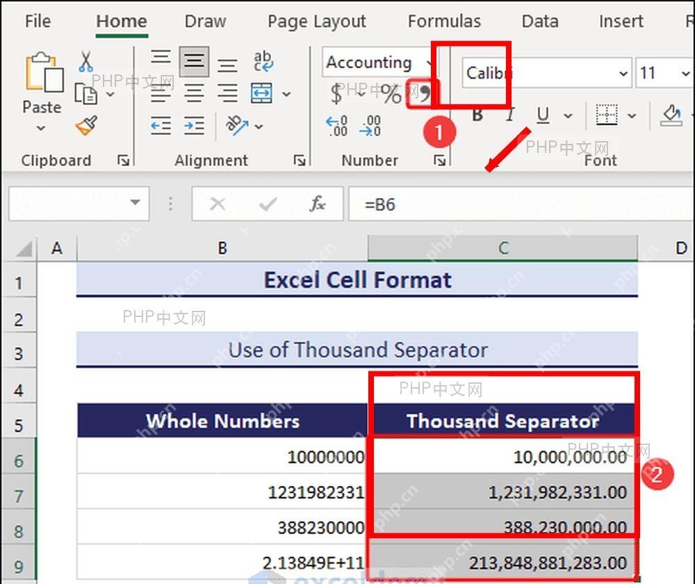 Excel 开始选项卡中的数字分组和逗号样式按钮,对应选中数字后快速添加千位分隔符
