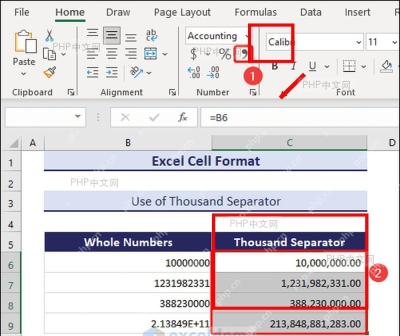 Excel 开始选项卡中的数字分组和逗号样式按钮,对应选中数字后快速添加千位分隔符