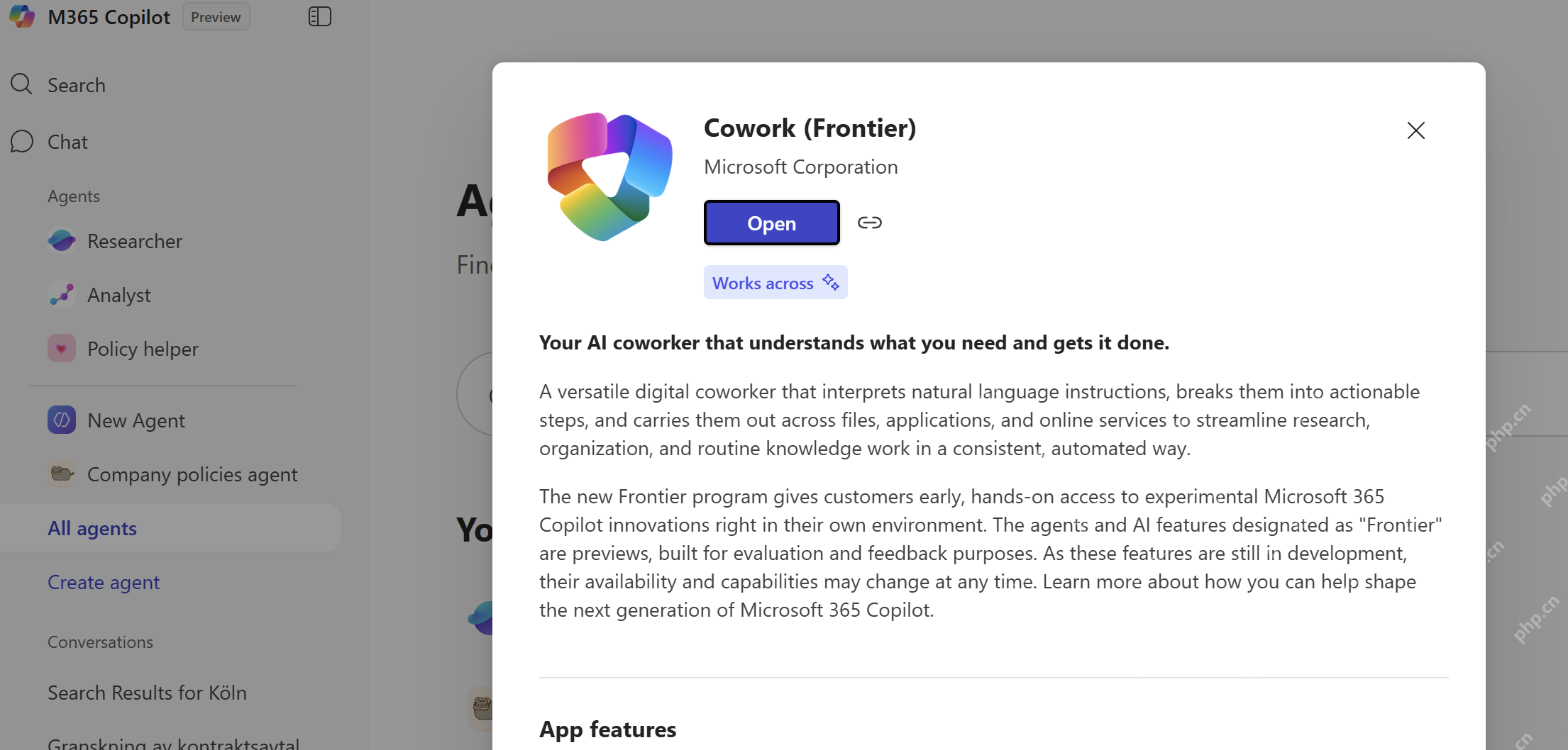 Microsoft 365 Copilot 中 Cowork Frontier 代理介绍卡片和 Open 按钮