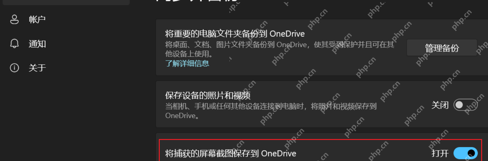 OneDrive 同步并备份页关闭将捕获的屏幕截图保存到 OneDrive