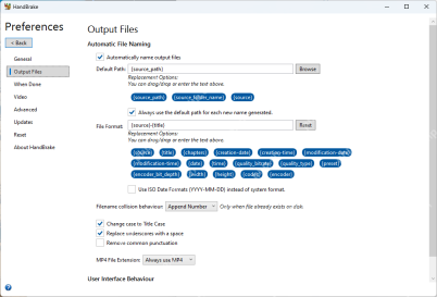 HandBrake Windows Output Files首选项中自动命名与默认输出目录的英文操作截图