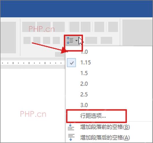 Word行和段落间距菜单中的行距选项入口