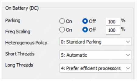 ParkControl On Battery DC 区域显示 Parking、Freq Scaling 和线程策略。