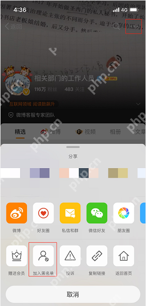 微博 APP 进入对方主页或互动页面,打开更多菜单