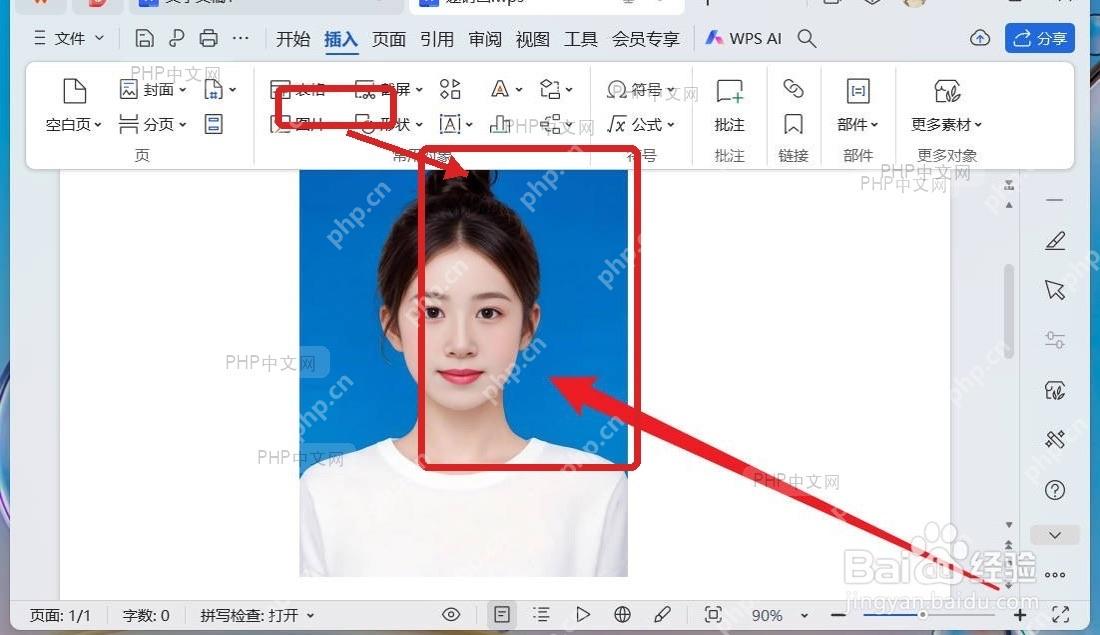 WPS 文档中选中图片后显示图片工具入口,用于第一步确认图片已被选中