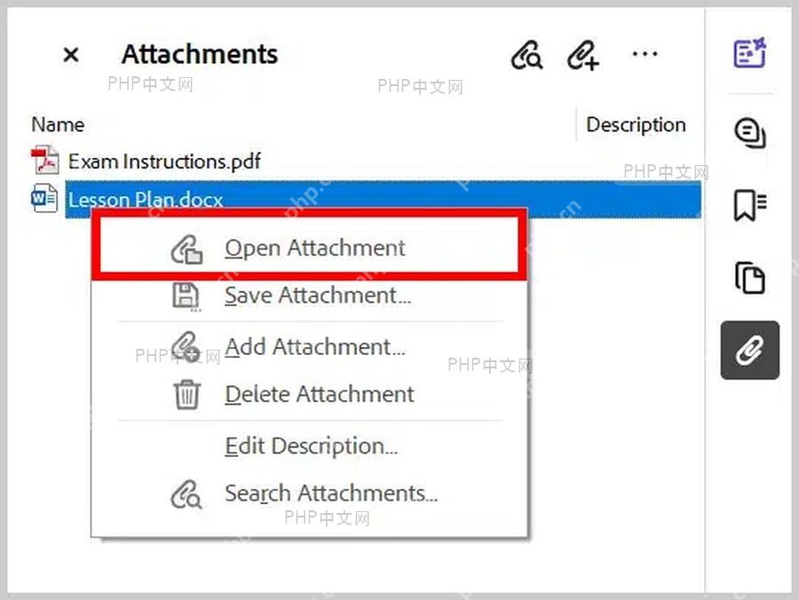 Adobe Acrobat 附件面板中右键打开已插入附件