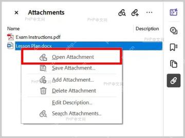 Adobe Acrobat 附件面板中右键打开已插入附件