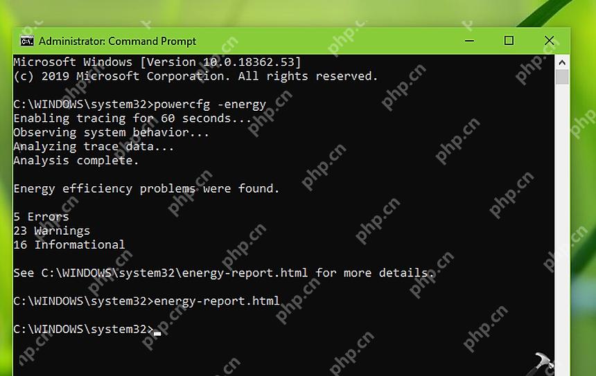 Win10 管理员命令窗口运行 powercfg energy 生成电源效率诊断报告