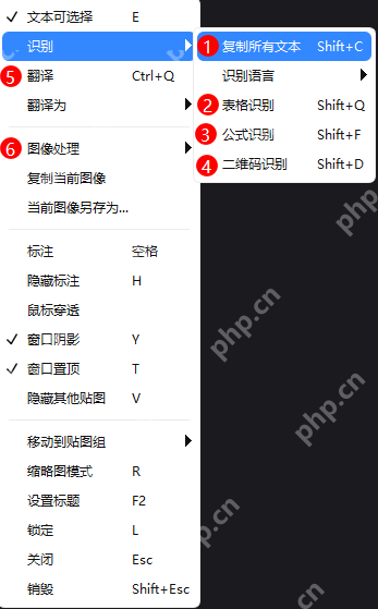 Windows 中文 PixPin 图像贴图右键菜单展开识别子菜单,能看到识别语言、表格识别和公式识别等不同入口,证明识别不准时可以换识别方式和语言