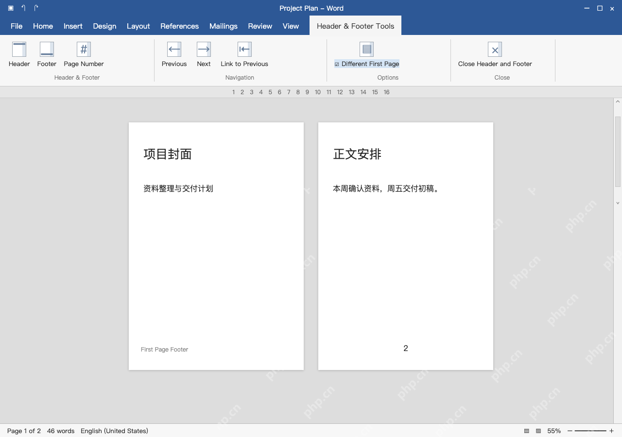 模拟 Microsoft Word完整窗口:进入页脚,勾选首页不同