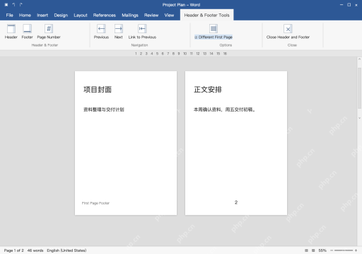模拟 Microsoft Word完整窗口：进入页脚，勾选首页不同
