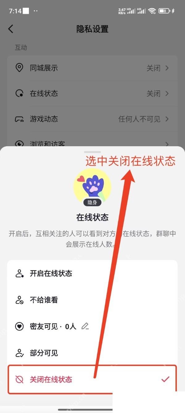 抖音在线状态页面选择关闭在线状态,用于设置隐身在线