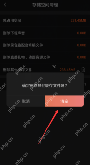 喜马拉雅中文手机界面:删除其他缓存文件的清空确认按钮