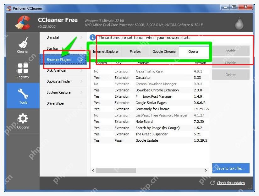 CCleaner Windows 电脑端 Tools Browser Plugins 浏览器插件管理页面