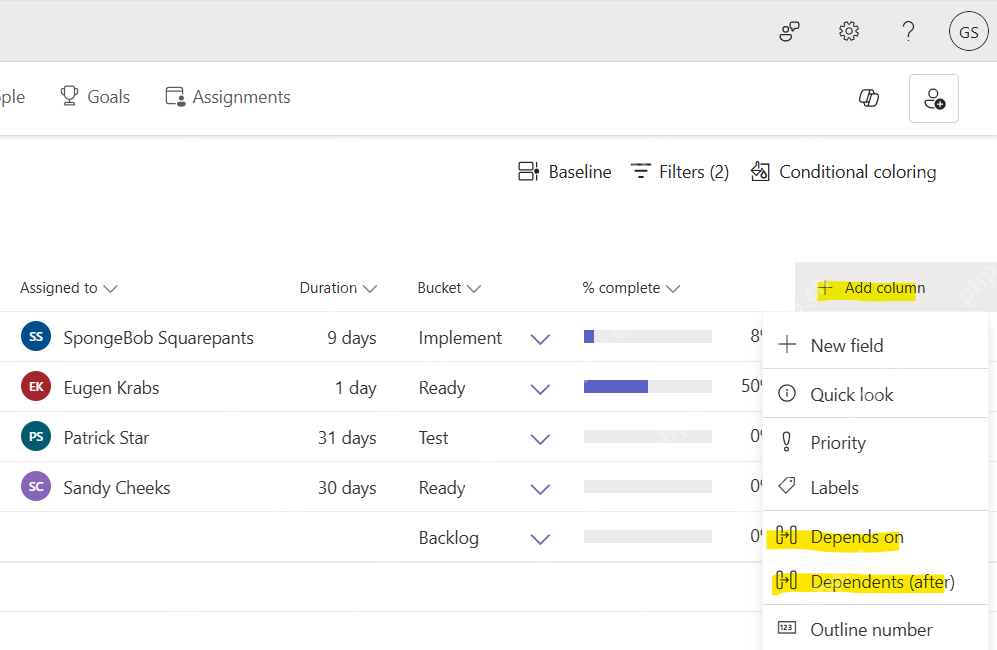 Planner Grid 视图 Add column 菜单中选择 Depends on 和 Dependents 列