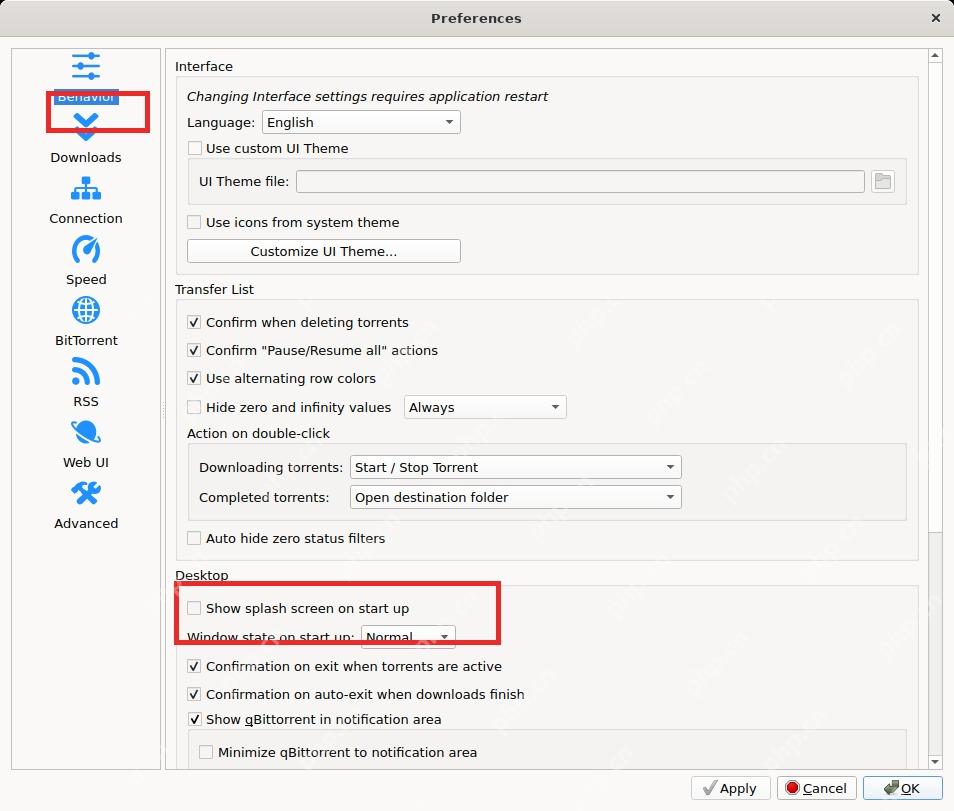 qBittorrent Preferences 的 Behavior 页面，用于查找开机启动和托盘相关设置