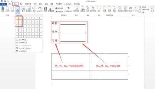 Word 插入选项卡中通过表格制作姓名性别专业空白下划线
