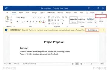 Word 保护视图顶部黄色栏和 Enable Editing 按钮,服务于点击启用编辑步骤