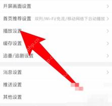 手机哔哩哔哩设置页，红箭头指向播放设置入口