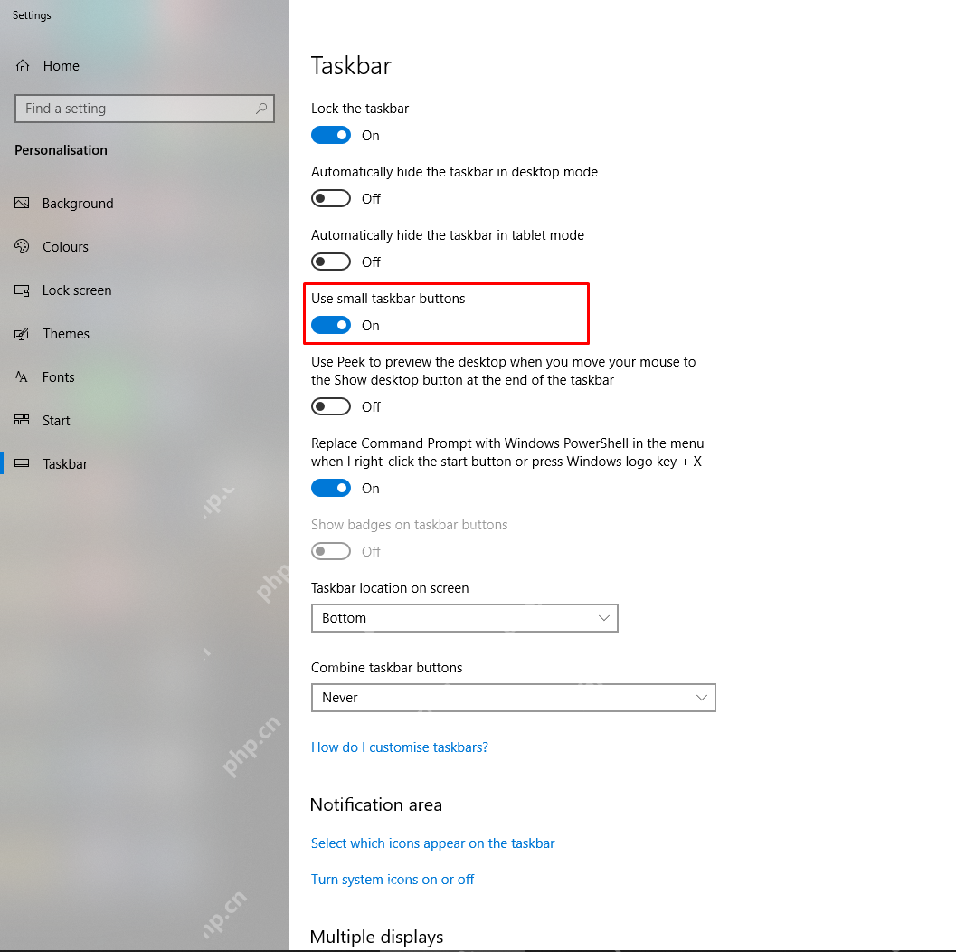 Win10 Taskbar 设置中 Use small taskbar buttons 开关为 On
