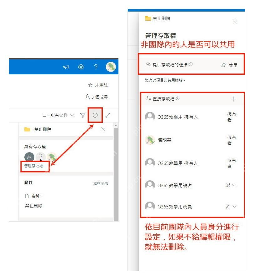SharePoint 文件夹详情栏和管理存取權面板