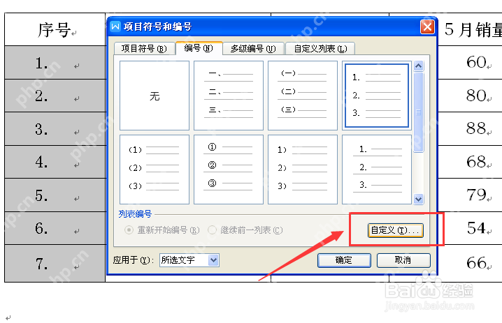 Word项目符号和编号对话框中选择数字编号样式