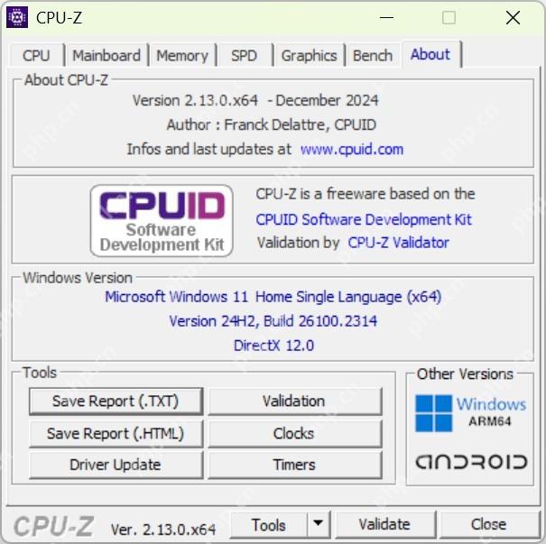 CPU-Z About 标签页显示 Tools 区域和 Save Report 按钮
