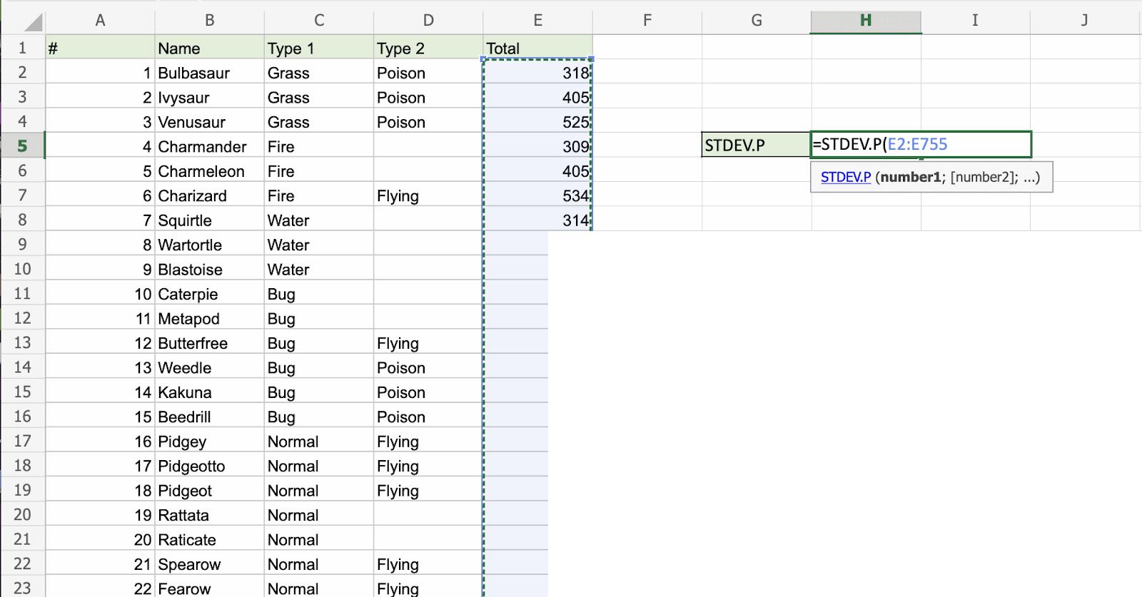 Excel STDEV.P 函数计算总体标准差结果