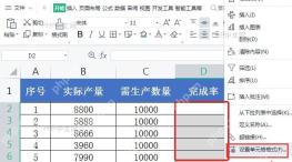 WPS表格中选中D列完成率数据区域准备设置公式