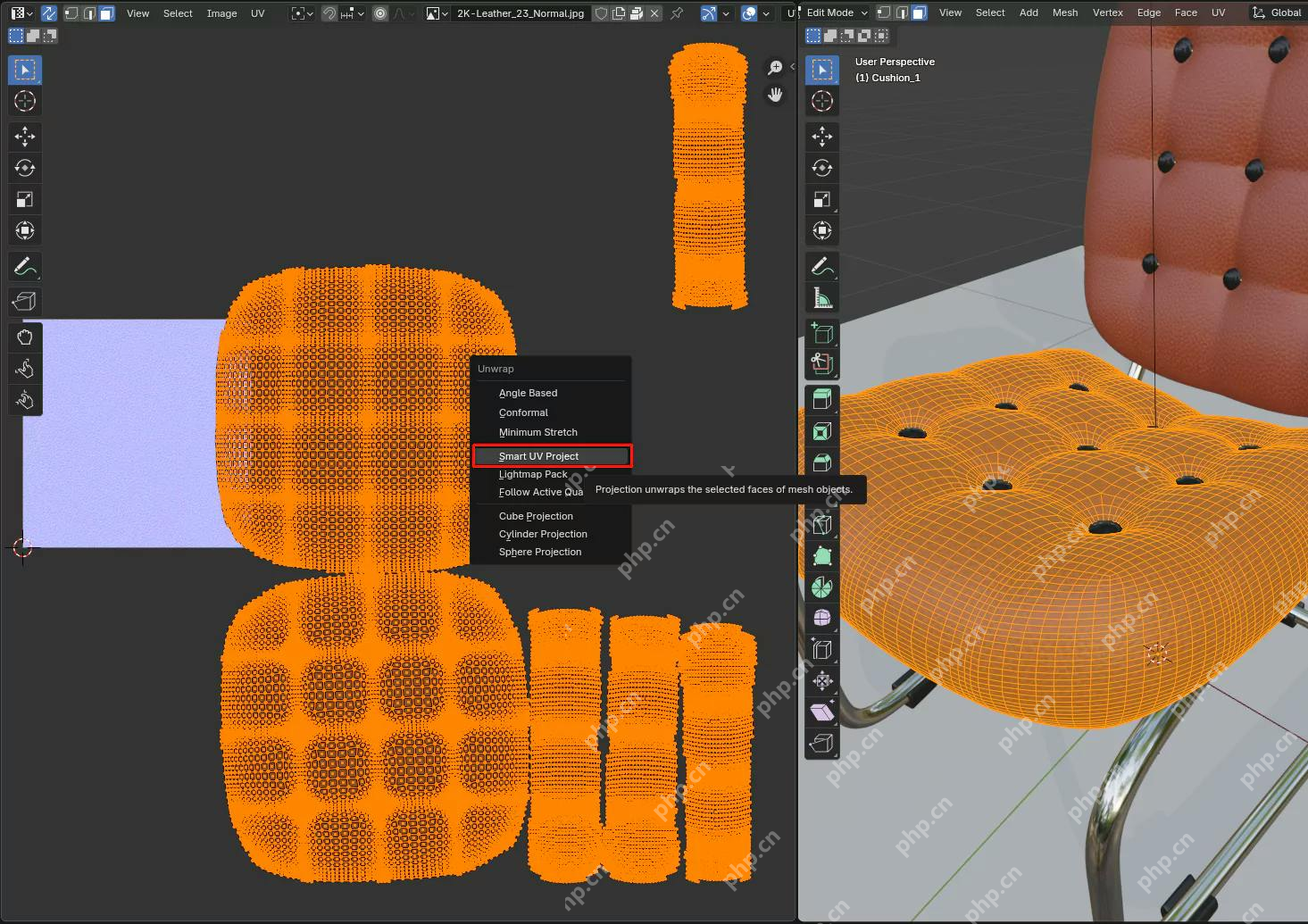 Blender UV Editing 工作区左侧显示自动展开后的 UV 岛,右侧显示选中的模型网格