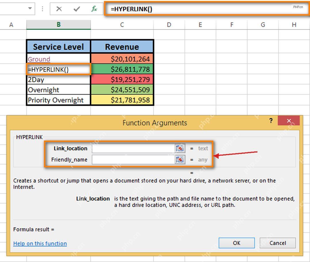 Excel HYPERLINK 函数参数窗口中 Link_location 和 Friendly_name 输入框
