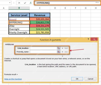 Excel HYPERLINK 函数参数窗口中 Link_location 和 Friendly_name 输入框