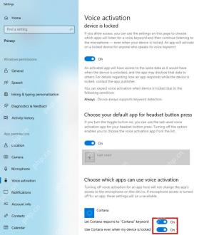 Win10 Voice activation 页面显示锁屏语音激活和耳机按钮默认应用