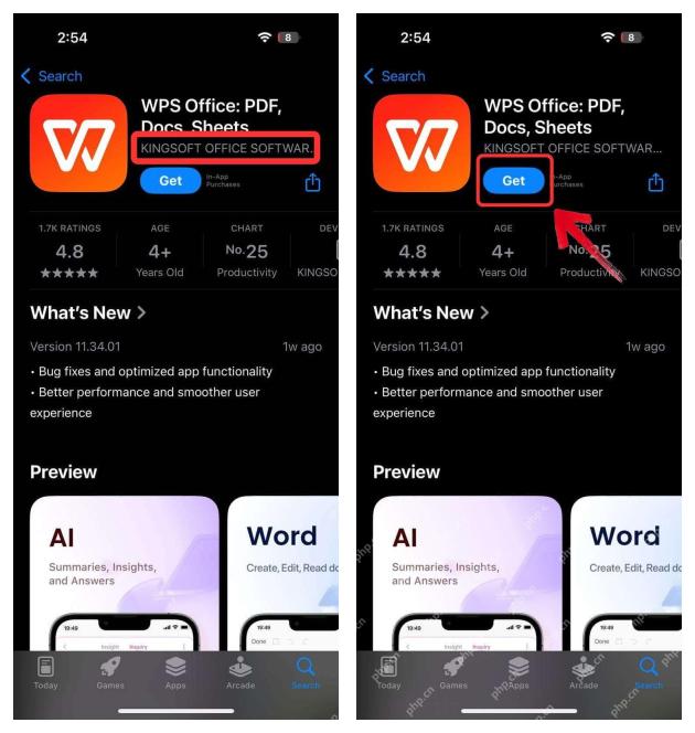 iPhone App Store WPS Office 页面核对 Kingsoft 开发者并点击 Get 获取按钮