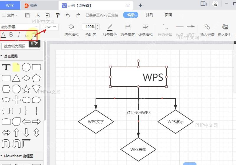 WPS流程图编辑栏中打开文字对齐按钮菜单