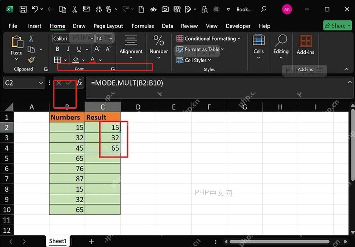 Excel中MODE.MULT返回多个并列众数结果