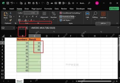 Excel中MODE.MULT返回多个并列众数结果