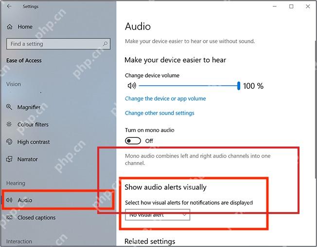 Win10 音频辅助设置中的视觉声音提醒区域